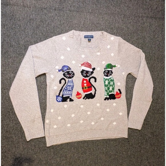 Karen Scott Sweaters - Karen Scott Christmas Cats Sweater 3D Gray Knit Grandmacore Women's Large L